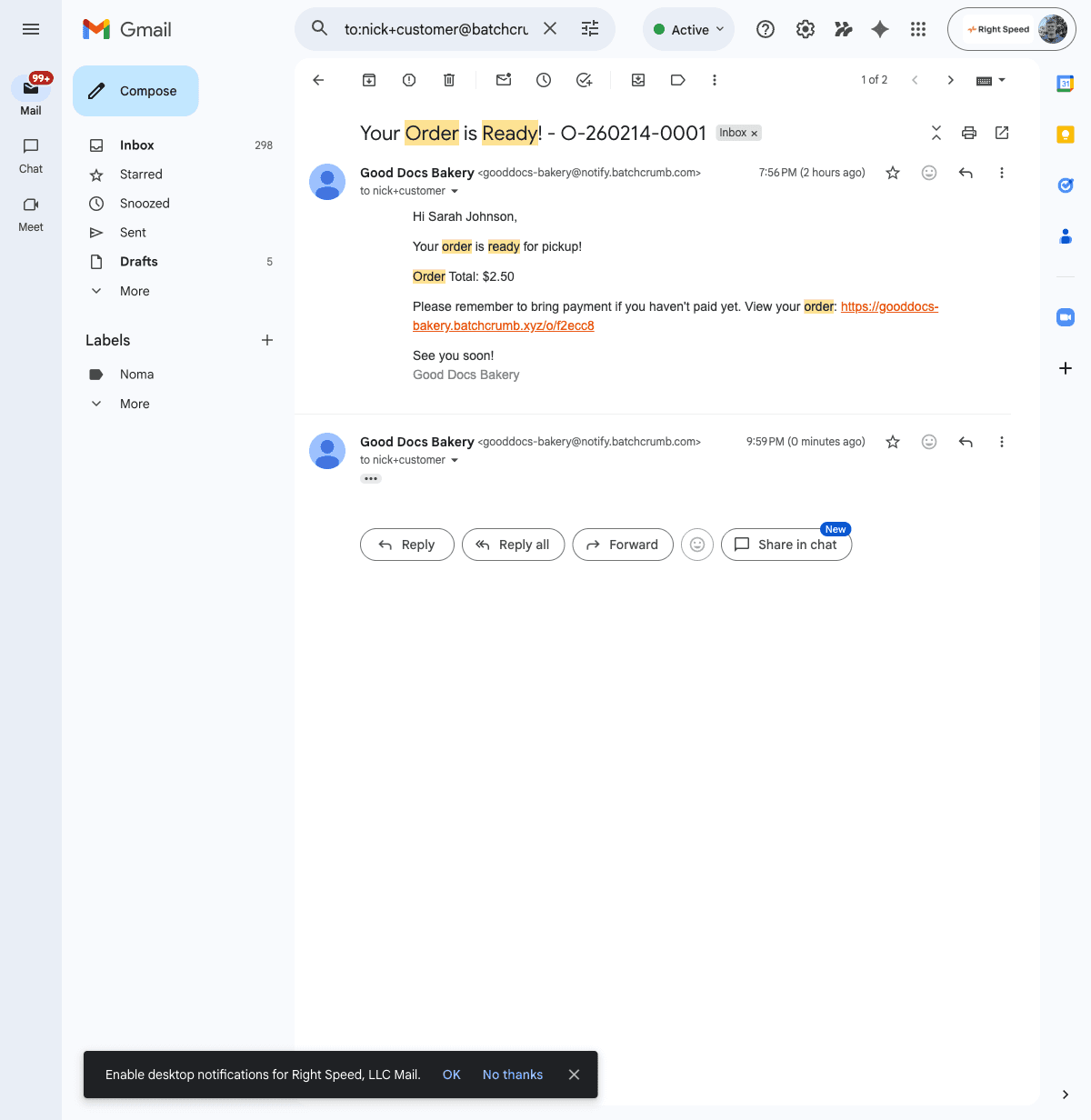 An automatic "order ready" email from a Batch52 shop in a customer's Gmail inbox