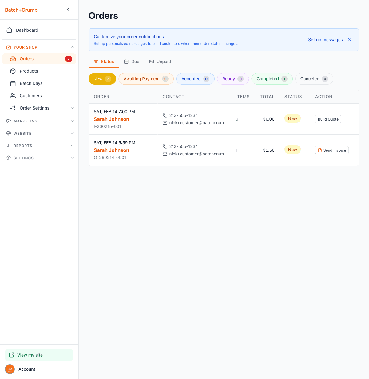 The Batch52 orders dashboard showing current orders and their statuses