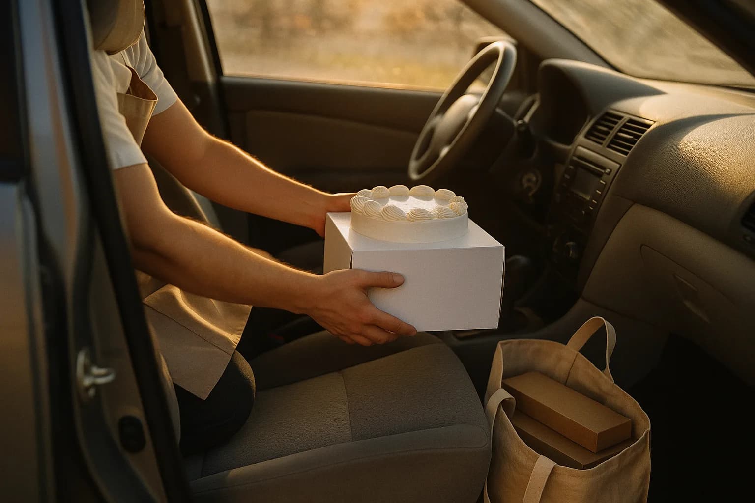 A baker's hands lower a cake on its box onto a car's passenger seat, bakery boxes in a tote below
