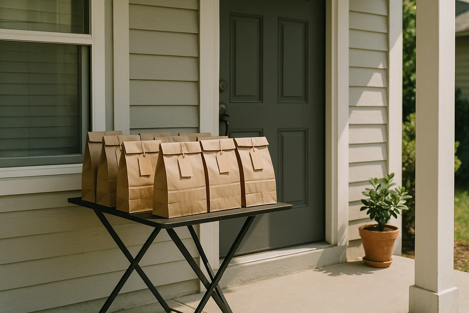 Folding table on a suburban front porch holding two rows of kraft bakery bags with blank hang tags